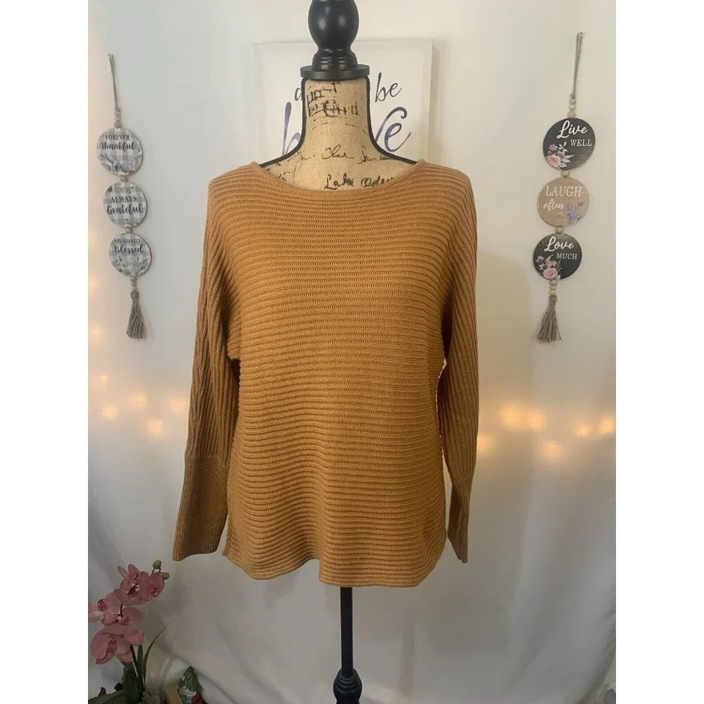 (B-67)Rachel Zoe Women’s L Camel Ribbed Knit Sweater Long Sleeve Cotton Blend Pu